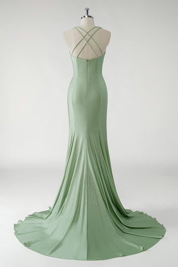 Glitter Green Mermaid Flower Prom Dress with Criss Cross Back